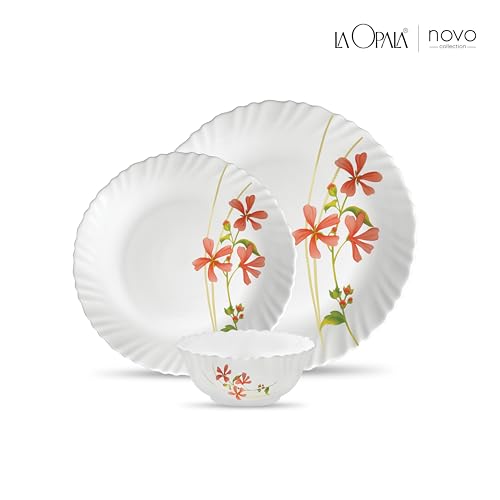 Image of La Opala Novo Collection Opal Glass Crockery | for Family of 6 | Dinner Set 18 pcs Coral Charm | Plates & Bowls for Dining | Microwave Safe | 100% Vegetarian | Extra Strong | Light & White