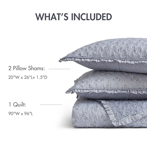Image of Madison Park Vintage Floral Quilt Set, 3PC Queen Reversible Bedding Set | Lightweight Bedspread Set with 2 Shams, Traditional Block Print Coverlets with Ruffled Edge, Grayish Blue