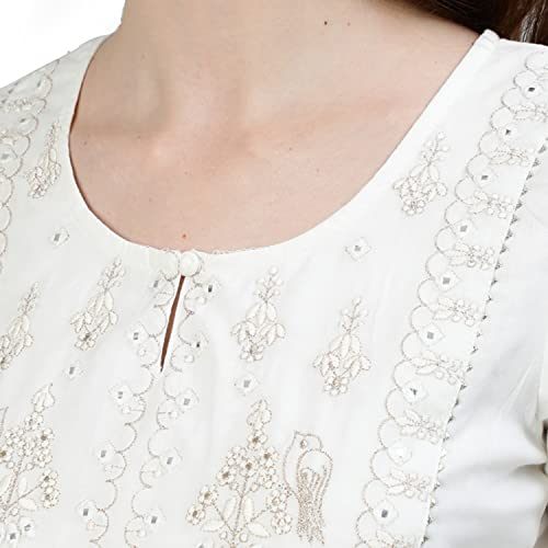Image of Ishin Women's Pure Cotton Straight Embroidered Zari Floral Print Off White Kurta Suit Set with Trouser