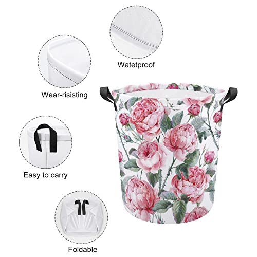 Collapsible Laundry Baskets Watercolor Roses Waterproof Laundry Hamper With Handles Vintage Floral Round For Dirty Clothes，Kids Toys,Bedroom,Bathroom #TOP3