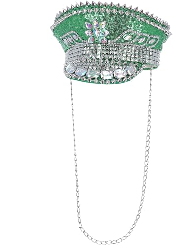 Smiffys Sombrero de capitán Fever Deluxe con adornos de lentejuelas, verde, con cadena