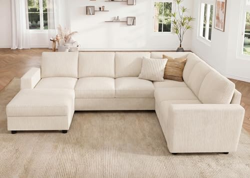 Image of HONBAY Corduroy Sectional Sofa with Storage, U Shape Sofa with Chaise, 7 Seater Sectional Couch for Living Room, Beige