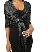 SDXCJY Funkelnde goldene metallische Schals und Wickeltücher mit Schnalle für Damen – Ideal für Hochzeit, Abendpartykleider, Brautjungfer, elegantes Quastendesign, Schwarz , Einheitsgröße