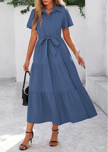 Image of KIRUNDO Summer Button Down Wedding Guest Shirt Dresses for Women Maxi Flutter Short Sleeve Flowy Tiered Beach Sun Dress