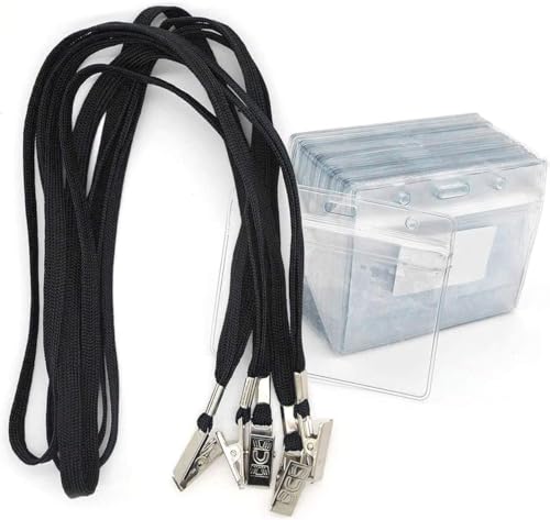 ネームホルダー 50枚 名札 ID カード ホルダー ネックストラップ 吊り下げ イベント スタッフ パス 名刺 社員証 ケース 入れ 首かけ 展示会 防水機能 横型 タイプ (50枚です,黒です)