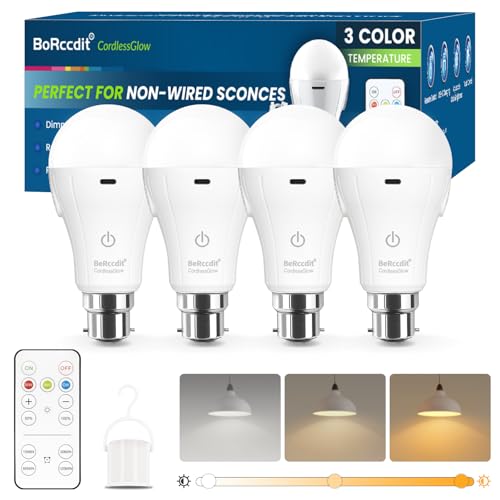 BoRccdit CordlessGlow Rechargeable Light Bulb B22, Dimmable & 3-Color Modes with Remote,15W LED 60W Equivalent, 2000mAh USB Charge Battery Up to 24H, No Wiring for Power Cuts, Camping, Closets, 4-Pack