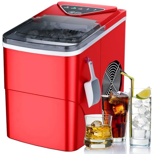 Portable Ice Maker Machine, 26 lbs in 24 Hrs, Electric Ice Cube Maker with Ice Bags and Scoop, Ideal for Home, Kitchen, Camping, RV，Red