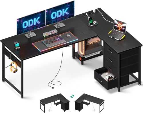 ODK Escritorio Esquinero con Cajones, 155×110 cm Escritorio en L con Enchufes y Puerto de Carga USB, Escritorio Esquina Reversible con Almacenamiento para Oficina en Casa, Negro