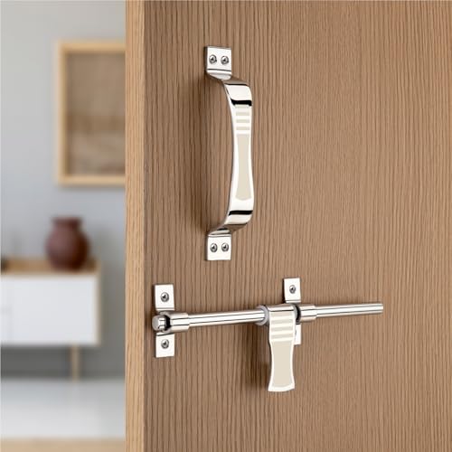 Image of COMPASS D-Cut Stainless Steel Heavy Single Door Fitting Accessories Full Set /Kit (1 Aldrop, 1 Latch, 2 Handles, 1 Tower Bolt and 1 Door Stopper | 10 inch | SS Finish