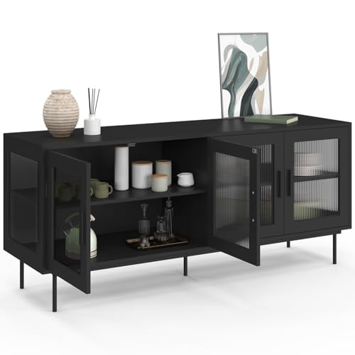 Buffet 140 cm ZINEB 4 portes vitrées façade cannelée - vue 5