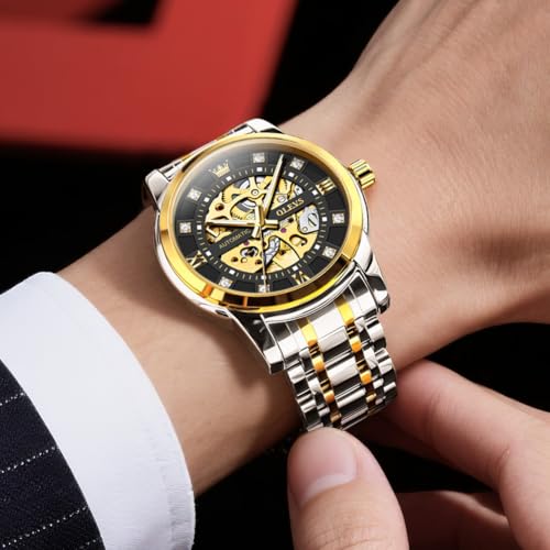 Image of OLEVS Mens Automatic Watch Skeleton Diamond Luxury Mechanical Self Winding Dress Wrist Watch Waterproof Luminous