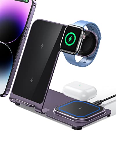 Intoval Charging Station for Apple iPhone/Watch/Airpods, 3 in 1 Wireless Charger for iPhone 15/14/13/12/11/XS/XR/XS/X/8, iWatch 9/Ultra 2/8/Ultra/7/6/SE/5/4/3/2, Airpods Pro2/Pro1/3/2/1 (Y9,Purple)