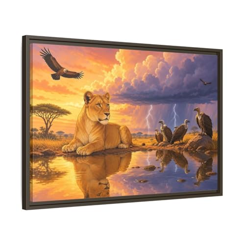 Tableau Lionne d'Afrique au coucher du soleil 75x50 cm avec cadre espresso pour salon chic