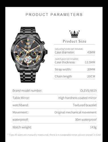 Image of OLEVS Automatic Self Winding Men's Wrist Watch Skeleton Stainless Steel Calendar Chronograph Waterproof Luminous Luxury Gift Branded Watch for Man