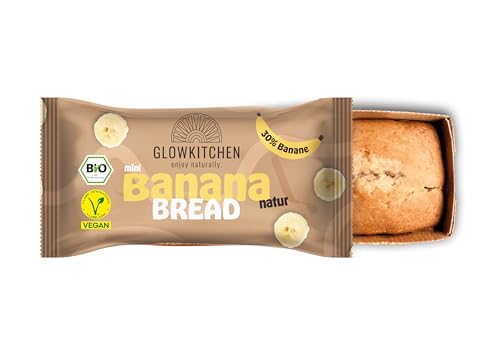 Glowkitchen Bananenbrot -12er Pack mini Kuchensnack 70g für jede Gelegenheit - bio, vegan, mit Dinkelmehl & extra viel Banane - über 50% weniger Zucker als herkömmliche Rührkuchen - mit Vanille & Zimt
