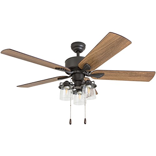 Prominence Home River Run, 52 Inch Farmhouse Led Ceiling Fan With Light, Pull Chain, Three Mounting Options, 5 Dual Finish Blades, Reversible Motor - 50566-01 (Bronze) #TOP5