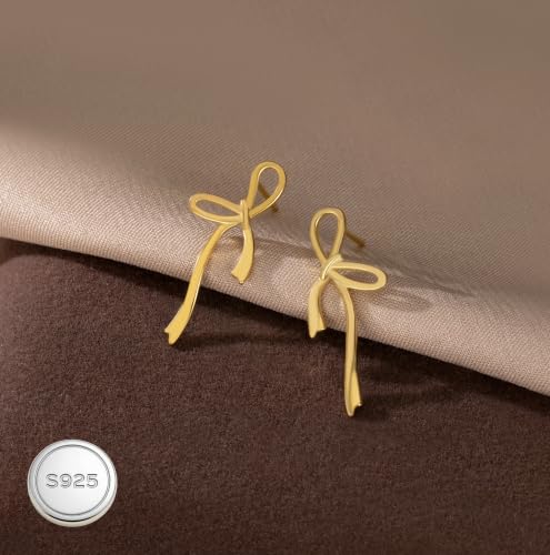 Image of Reffeer Solid 925 Sterling Silver Bow Stud Earrings Ribbon for Women Teen Girls Bowknot Stud Earrings Drops