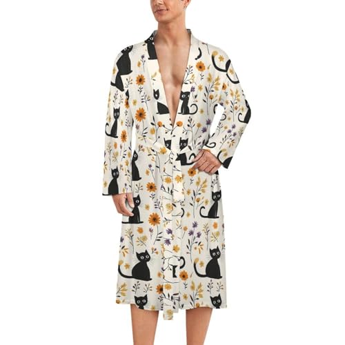 Peignoir kimono pour homme léger imprimé chat noir floral en satin fluide