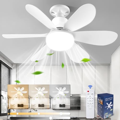 XUNIVERS Wentylator sufitowy ze światłem i pilotem,52 cm lampa z wentylatorem sufitowym LED z możliwością przyciemniania Zintegrowana lampa E27,6 łopatek,4 prędkości,cicha,do salonu,sypialni,toalety.