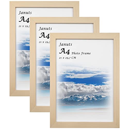 Januts 21x29.7CM A4 Photo Frame Wooden Freestanding And Wall Mountable Oak Picture Frames Set of 3 Premium Display Photo Frames for Certificate Poster Puzzle Print Portrait Frame for Home Office