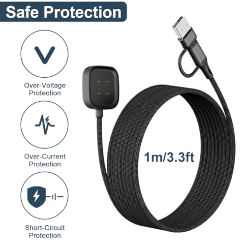 Image of ZORBES Charger for Fitbit Sense 2 /Sense /Versa 4 /Versa 3, 2 in 1 USB C /A Charging Cable for Fitbit Sense 2 /Sense /Versa 4 /Versa 3 Smartwatch, 3.3Ft /100cm Portable Charger Dock Cord