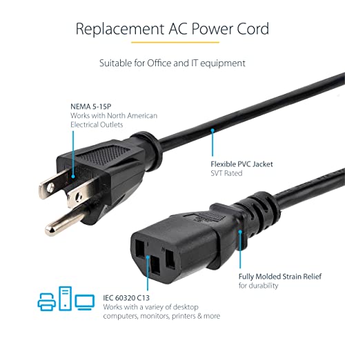 Startech PXT101_10 Startech10Ft (3M) Computer Power Cord, Nema 5-15P To C13, 10A 125V, 18Awg, Black Replacement Ac Power Cord, Printer, Pc Power Supply Cable thumb #3
