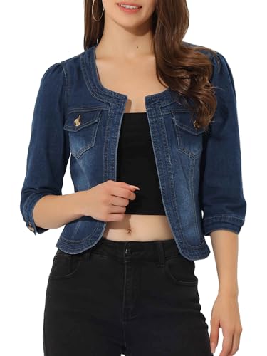 Allegra K Denim Jacket for Women's Collarless 2025 Cardigan 3/4 Sleeve Crop Jean Jackets Medium Dark Blue