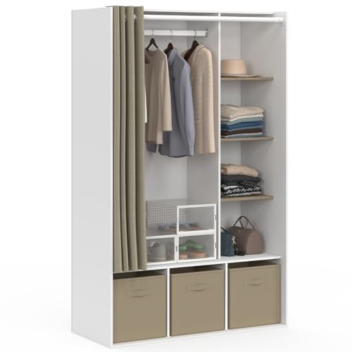IDMarket DIANE - Vestidor de armario (105 x 45 x 167 cm), color blanco con estantes + cajas de almacenamiento + cortina topo