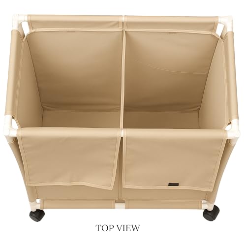 Image of 2-Section Laundry Basket with Wheels | Large 130L Rolling Hamper with Lid Cover | Foldable Oxford Fabric Laundry Organizer for Clothes Sorting | Durable, Dustproof & Portable (Off-White)