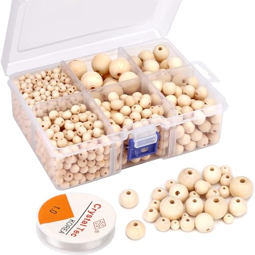 Image of DIY Crafts 1500, 500+ Pcs with 1 Roll Crystal Elastic Line Combo Wooden Natural Wood Beads for Crafts Round Loose Spacer Bead DIY Jewelry Craft Making6 Sizes (4mm / 6 mm / 8 mm / 10 mm) (1500)