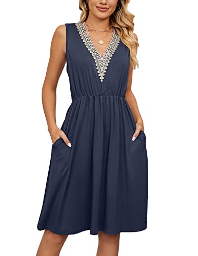 QUNERY Vestido Verano Mujer Vestidos Cortos sin Mangas Cuello en V Casual Vestido de Playa Ropa Mujer con Cinturón Elástico y Bolsillos Azul Tibetano M
