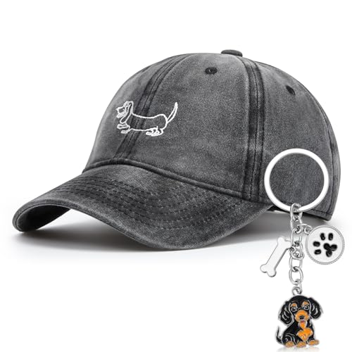 Hestya Regalos para Dueños de Perros Salchicha Regalos de Perro Salchicha Llavero Gorra de Béisbol con Gráfico de Perrito Querido Llavero de Cachorro Vintage Gorra Béisbol Unisex con Bordado(Negro)