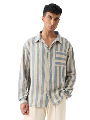 Image of The Souled Store Cotton Linen Stripes: Ashen Men and Boys Long Sleeve Spread Collar Button Front Green Striped Regular Fit Easy to Dress Officewear Casual Cotton Linen Shirts