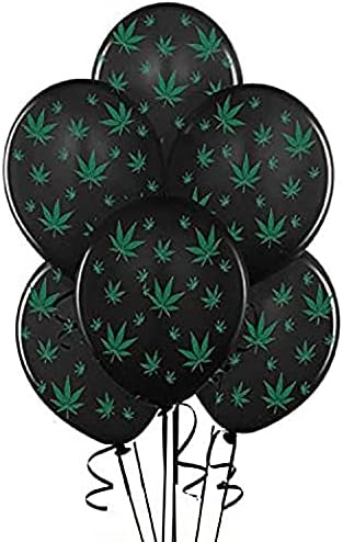PMU Marijuana Balloons PartyTex 11in Premium Black with All-Over Print Green Marijuana Leaves Pkg/25