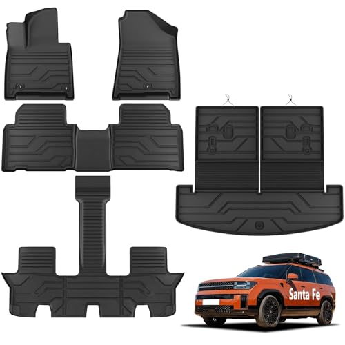 KARPAL Floor Mats for Hyundai Santa Fe 2024 2025 2026 (Fit Hybrid and Gas) 6-Seat/7-Seat All Weather TPE Car Mats Cargo Liners Accessories 1st & 2nd & 3rd Row & Cargo Liner with Backrest Mat