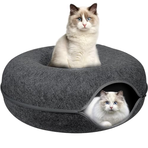 CLKHOWL Cat Tunnel Bed, Peekaboo Cat Cave, Cat Tunnels for Indoor Cats, Donut Cat Bed, Universal for All Seasons Cat Condo and Cat Cave (20 in * 20 in * 8 in, Dark Grey), for Kittens Under 8 Pounds