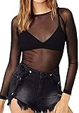 CLOZOZ Women's Long Sleeve Short Sleeve Sheer Mesh Tops Sexy See Through T Shirts Clubwear