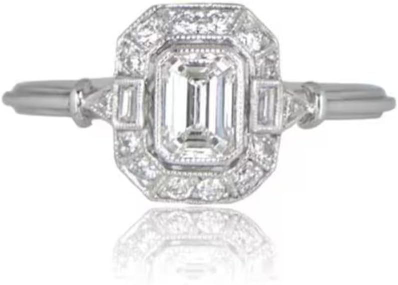 2 Ct Emerald Cut Diamond Bezel Set Art Deco Halo Vintage Style Estate Engagement Rings For Women 14K White Gold Plated Unique Design Ring 925 Sterling Silver Handcrafted Ring Gift For Her