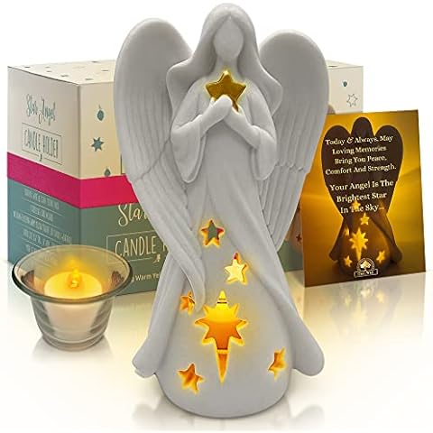 OakiWay Memorial Gifts - Star Angel Figurines Tealight Candle Holder, Sympathy Gifts for Loss of Loved One, W/Flickering LED Candle, Bereavement, Grief, Funeral, Remembrance, Memory Home Decorations Cover