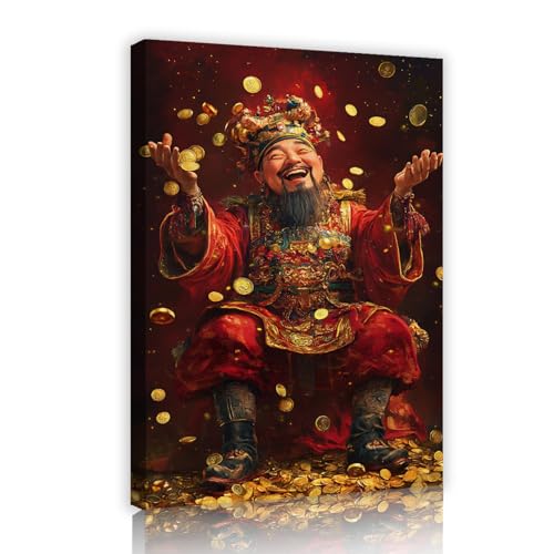 SHENGPOSTER Lienzos de estilo chino Hombre afortunado de la riqueza Cuadros de arte de pared para sala de estar, baño, dormitorio, cocina, decoración de arte de pared rojo 40x60cm marco interior