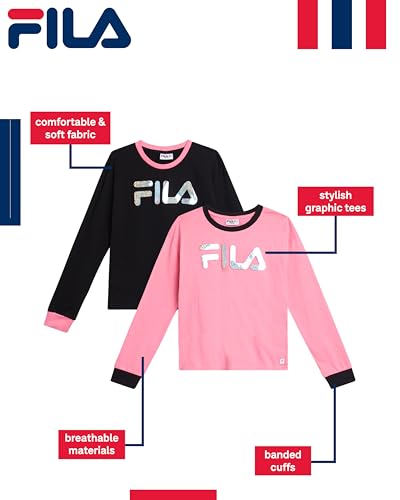 Fila Girls Long Sleeve Shirts - 2 Pack Soft Cotton Jersey Long Sleeve Graphic Tees for Girls - Cute Casual Girl Tops (7-16)2