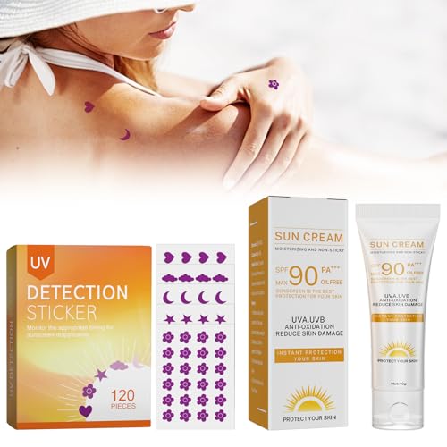 Sun Cream Crema Solar Facial Y Corporal, Loción Protectora Solar SPF90/ PA+++, 120 Etiquetas De Detección De Rayos UV Para Saber Cuándo Reaplicar La Crema Solar, Previene Las Quemaduras Solares