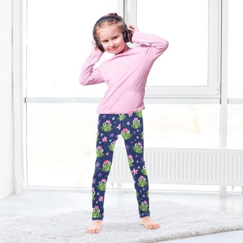Cute Frog Pink Floral Girls Leggings Ultra Soft Compression Yoga Gym Pants for Kids 4-10T4