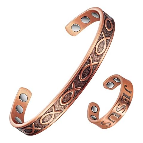 EnerCoppeX 99.99% Pure Copper Magnetic Combination Bracelet and Ring Representing the Good Blessings of Jesus Christ, Christian Cross, Carrying Gift Bag (A) Cover