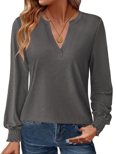 GKBK Womens Long Sleeve Shirts Fall Tops V Neck Business Dressy Casual Blouses with Smocked Cuffs Dark Gray