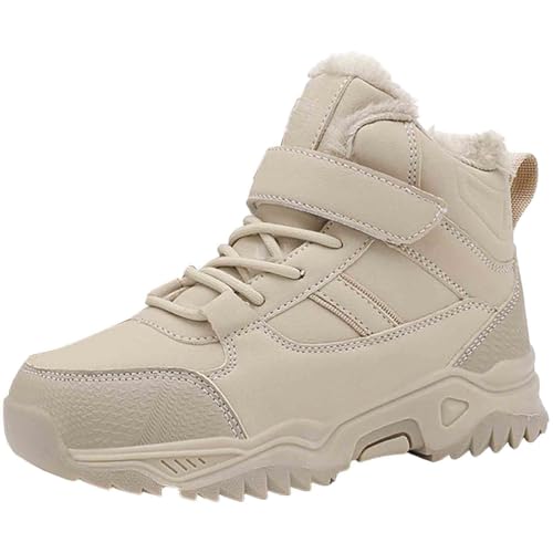 Boy's Girl's Winter Snow Boots Waterproof Kids Hiking Boots Cold Weather Outdoor Fleece Lined Warm Walking Boot Shoes Comfortable Ankle Booties with Hook and Loop Fashion Sneakers(Beige,3)