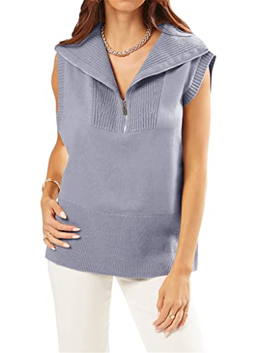 Womens Zipper Lapel Sweater Vest Tank Tops Summer Sleeveless Pullover Casual Lightweight Knit Top Grey #TOP27