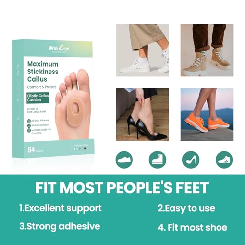 Image of Welnove 84 Pcs Callus Pad with Water-Resistant Self-Stick Adhesive, Protects Foot, Heel and Toes from Rubbing and Friction,Oval Shape Design,Reduce Pressure and Friction from Shoes Rubbing-Skin Color