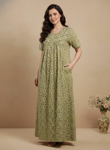 Image of Bahumaan Cotton Nighty for Women Full Length Stylish | Floral Print Cotton Maxi Dress for Women with Pocket | Sleepwear Gown for Women