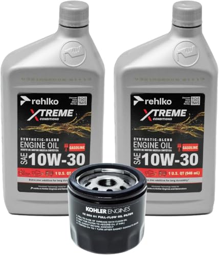 OEM Replacement for Kohler 10W30 Engine Oil & 12 050 01-S Oil Filter Kit 2 Qt 3-Pack Synthetic Blend Motor Oil Small Engine Oil for Lawn Mower Generator & Outdoor Power Equipment Maintenance Refill